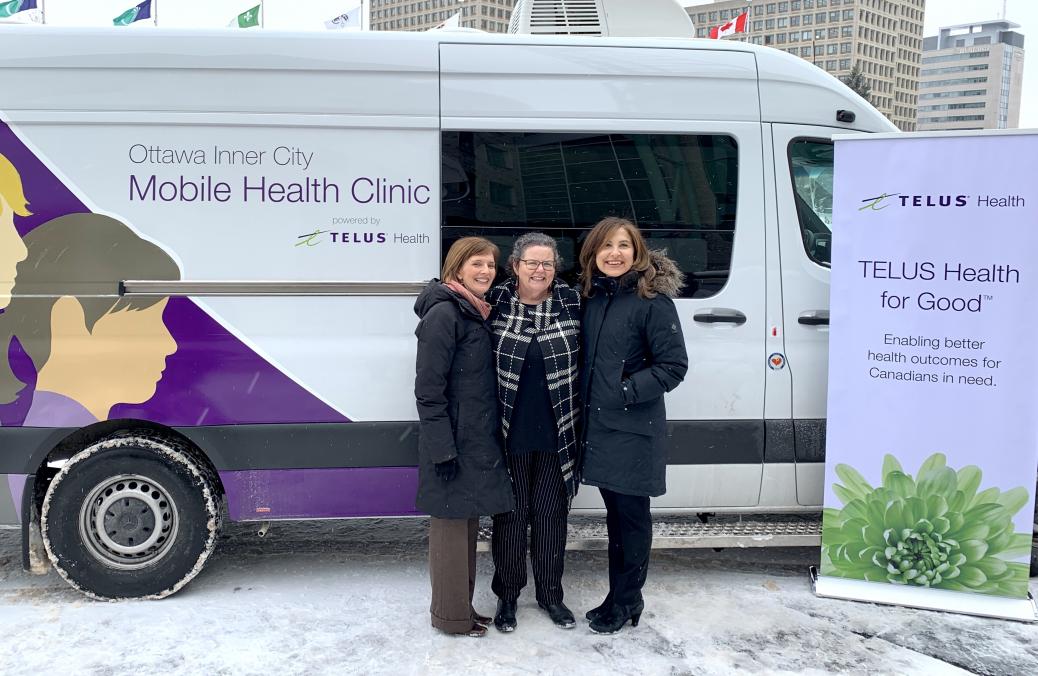 Dr. Susan Farrell, vice president of patient care services and community mental health at The Royal; Wendy Muckle, CEO of Ottawa Inner City Health; and Jill Schnarr, vice president of corporate citizenship and communications at Telus. Dr. Susan Farrell, vice president of patient care services and community mental health at The Royal; Wendy Muckle, CEO of Ottawa Inner City Health; and Jill Schnarr, vice president of corporate citizenship and communications at Telus in front of van.