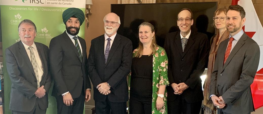 Ted Hewitt, President, Social Sciences and Humanities Research Council; Navdeep Bains, Canada's minister of innovation, science and industry; Dr. Michael J. Strong, President, Canadian Institutes of Health Research; Susan le Jeune d'Allegeershecque, the British High Commissioner to Canada; Dr. Georg Northoff, Dr. Maia Fraser, and MP Will Amos.