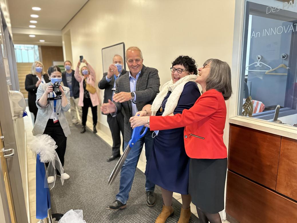 Opening of the new Client and Family Resource Hub Johannes Ziebarth, Glenda O'Hara and Cynthia Clark cutting the ribbon at the opening of The Hub