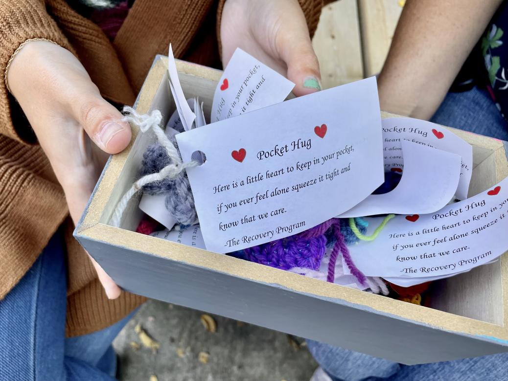 Pocket hugs, crocheted by a group at The Royal