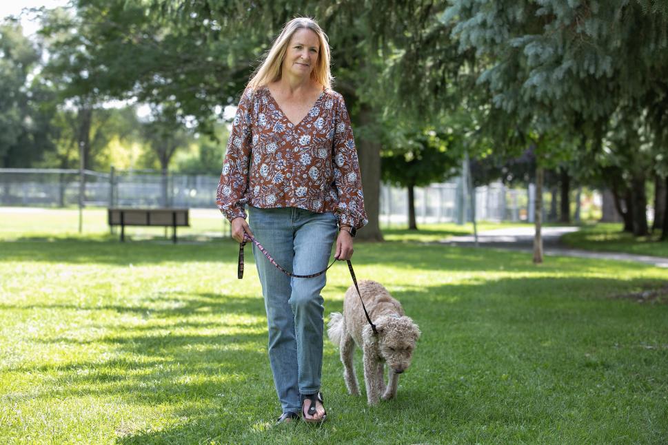 Marion walking her dog, Annie