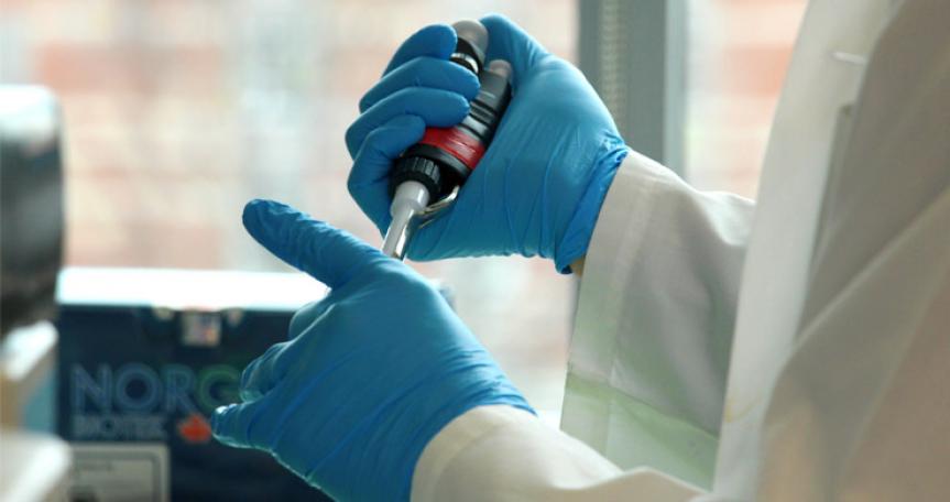 Scientist wearing rubber gloves