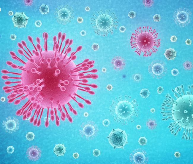 Coronavirus cells on blue background