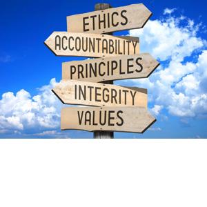 Street sign - Ethics; Accountability; Principles; Integrity; and Values