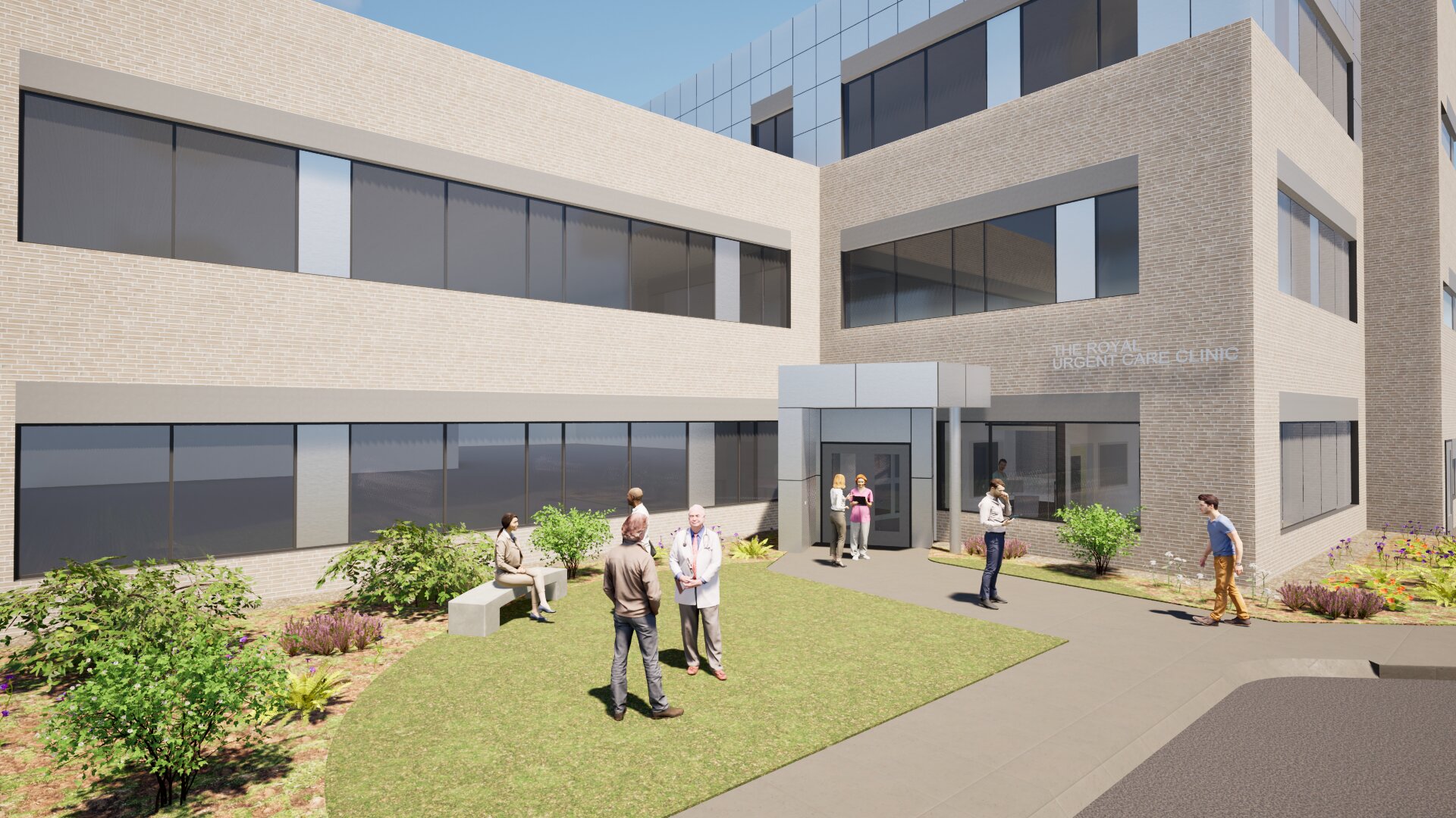 Rendering of Urgent Care Clinic at The Royal's Carling Campus, an entryway with green space.
