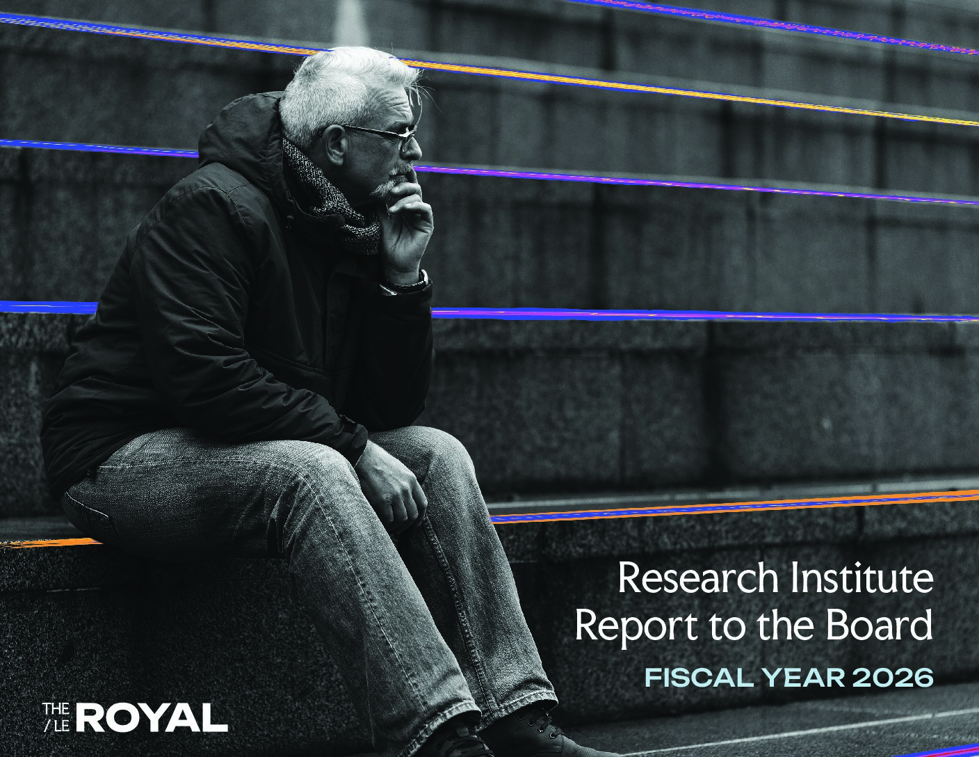 Cover photo of The Royal's Research Institute Annual Report, featuring a photo of a man sitting on steps.